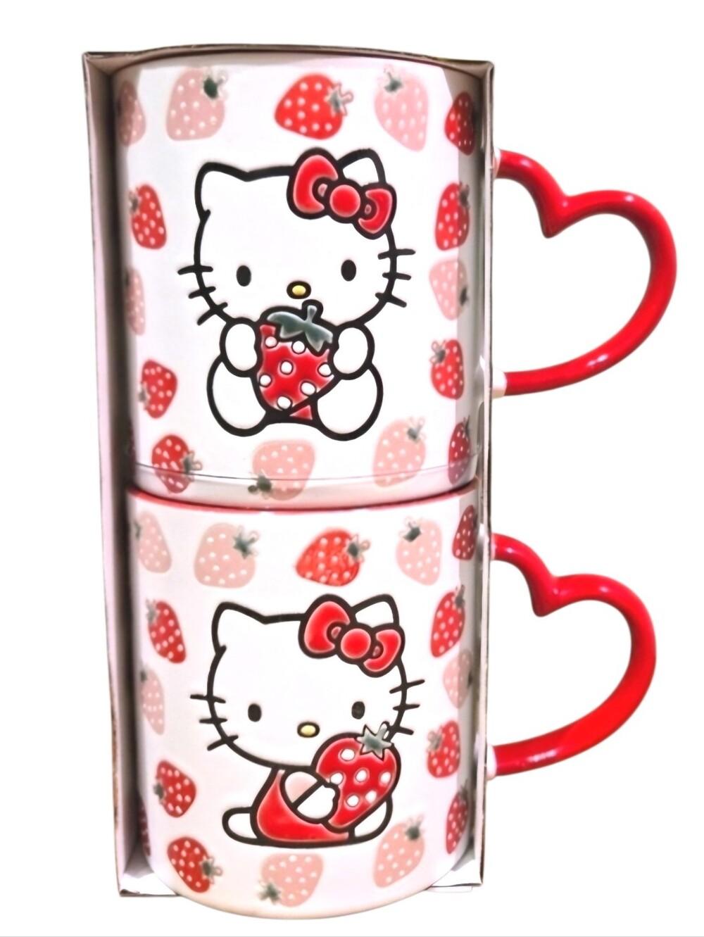 🍓 Hello Kitty Matching Set of 2 Large Strawberry-Themed Mugs with Heart Handles